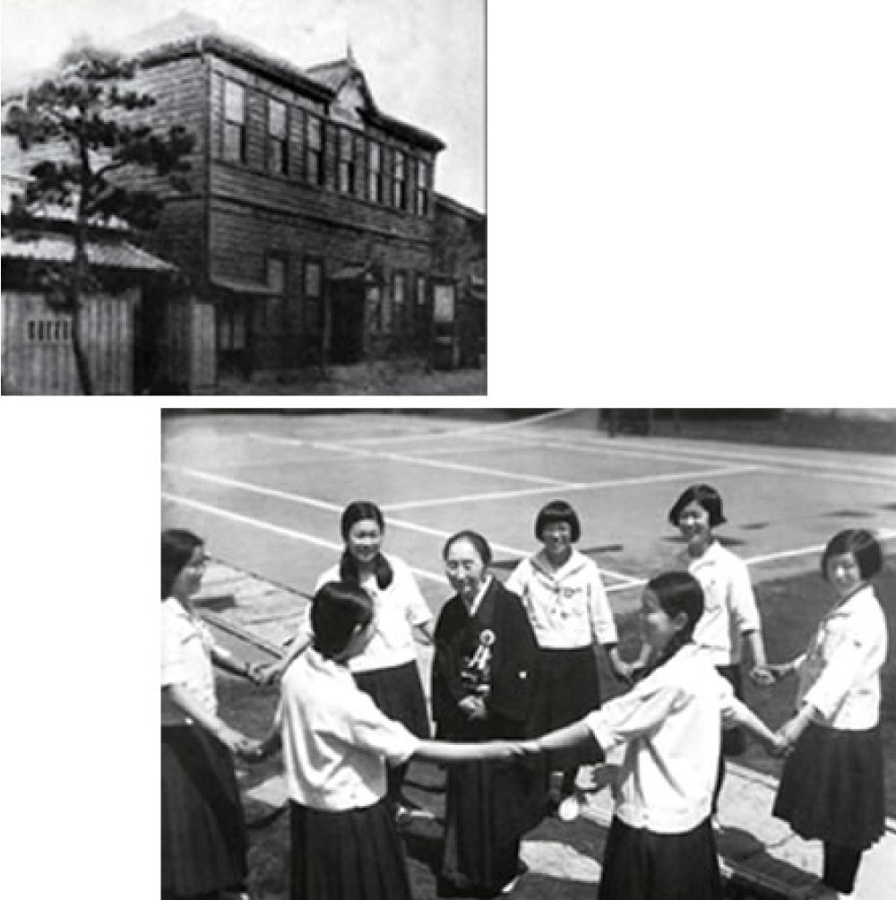 「横浜女子商業補習学校」と「創立10周年時の渡邊たま」　イメージ